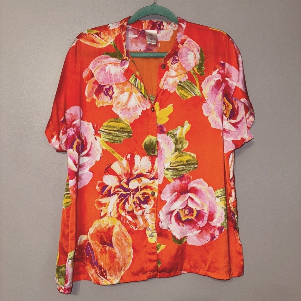 EUC Natori Short Dolman Sleeve Floral Rose Pajama Top Button Front Size Medium